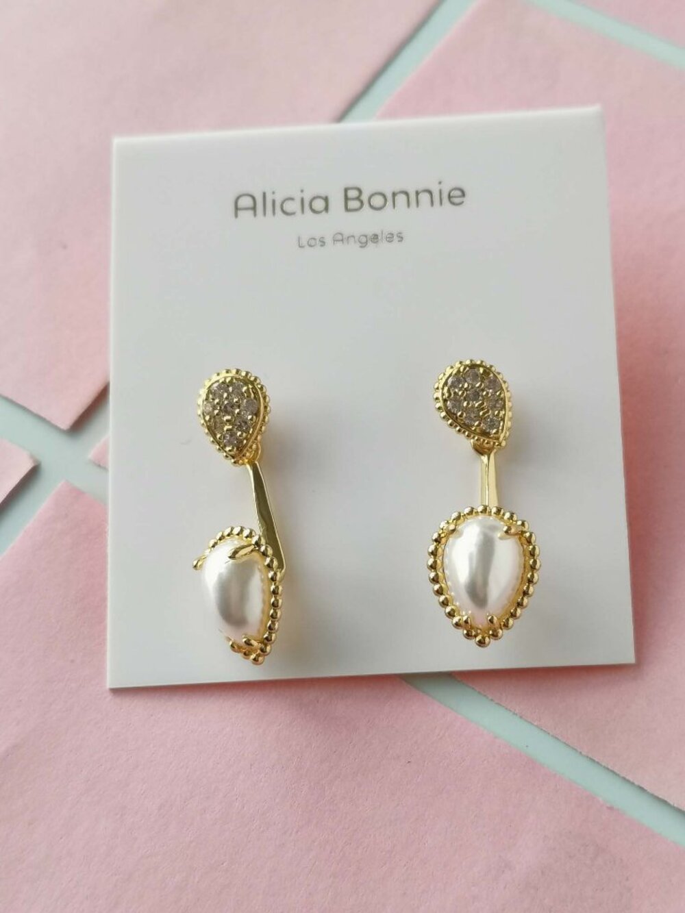 Alicia Bonnie Pearl White Crystal Gold Ear Jacket Earrings - Dual Elegance
